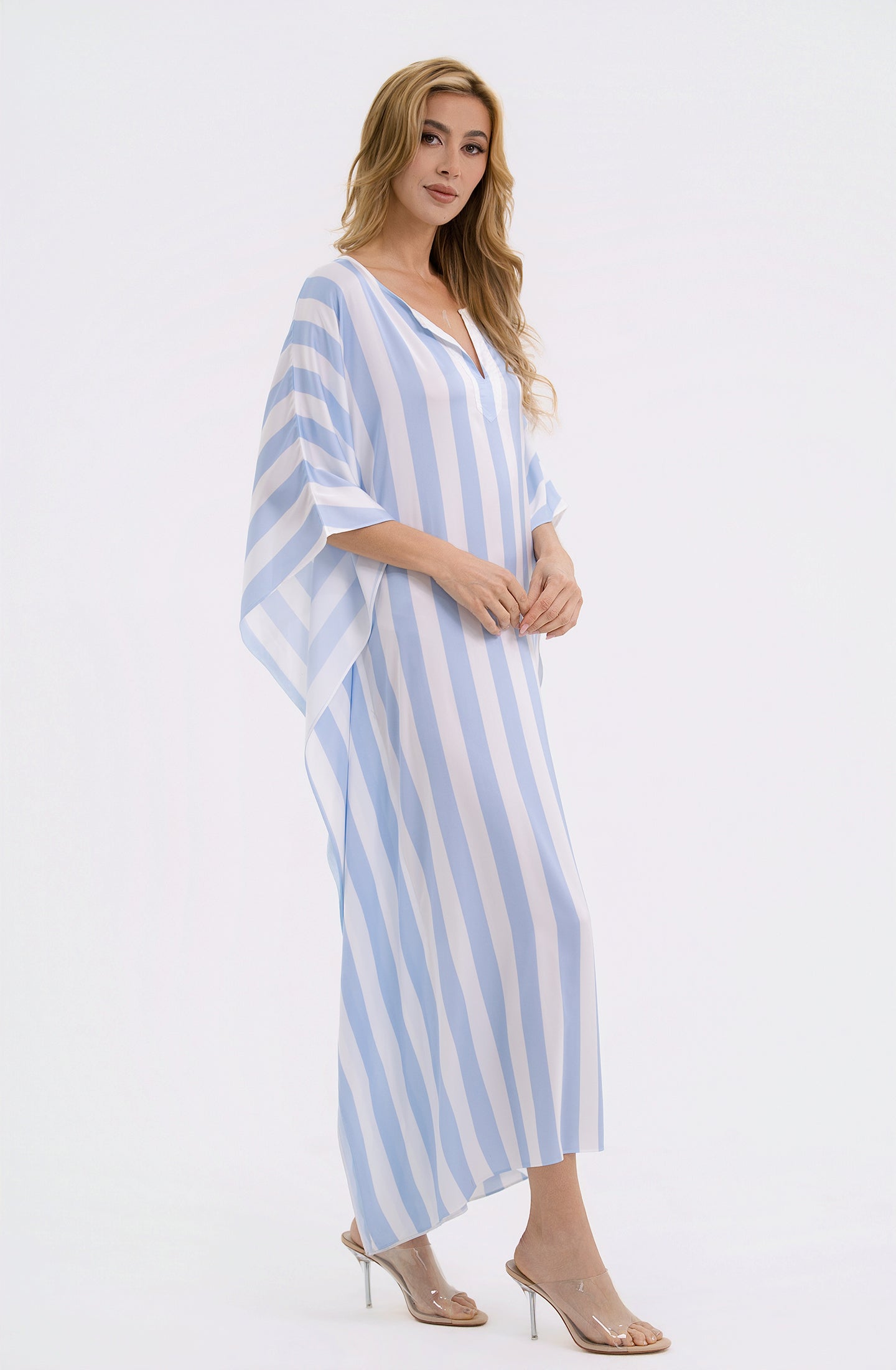 Cabana Blue Long Caftan | Luxury Striped Resort Caftan