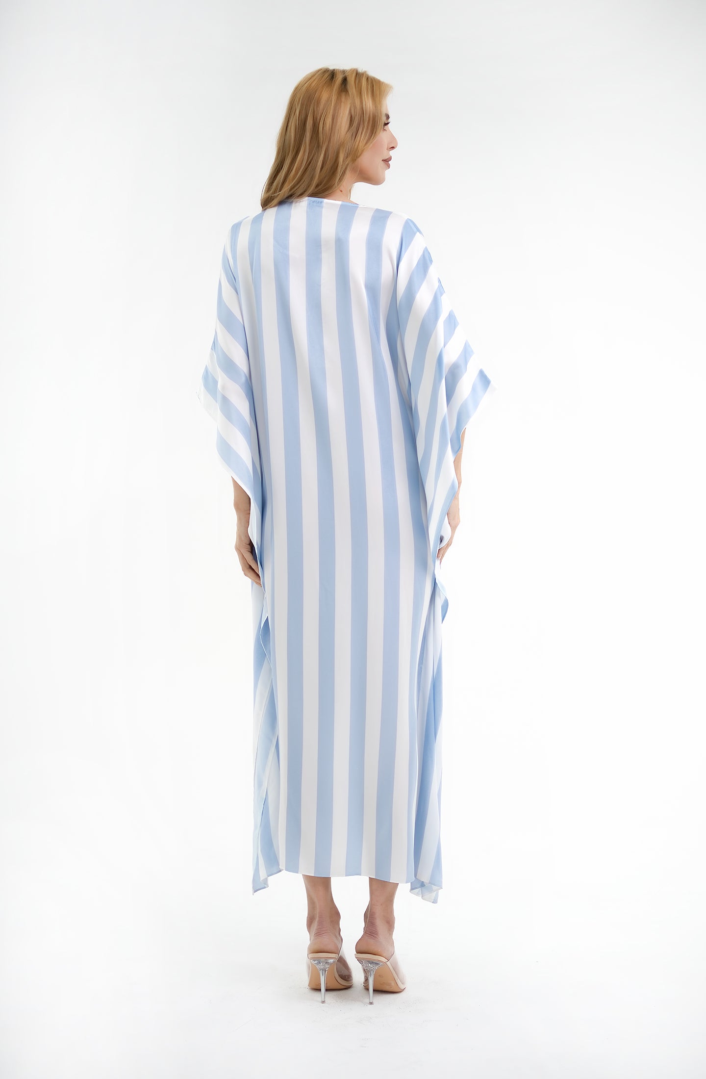 Cabana Blue Long Caftan | Luxury Striped Resort Caftan