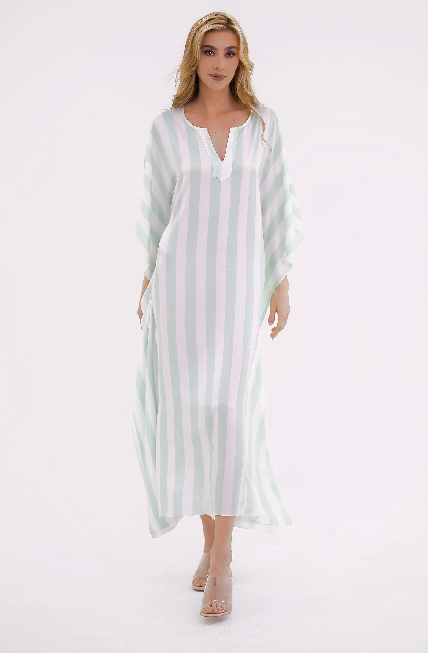 Cabana Mint Long Caftan | Luxury Striped Resort Caftan