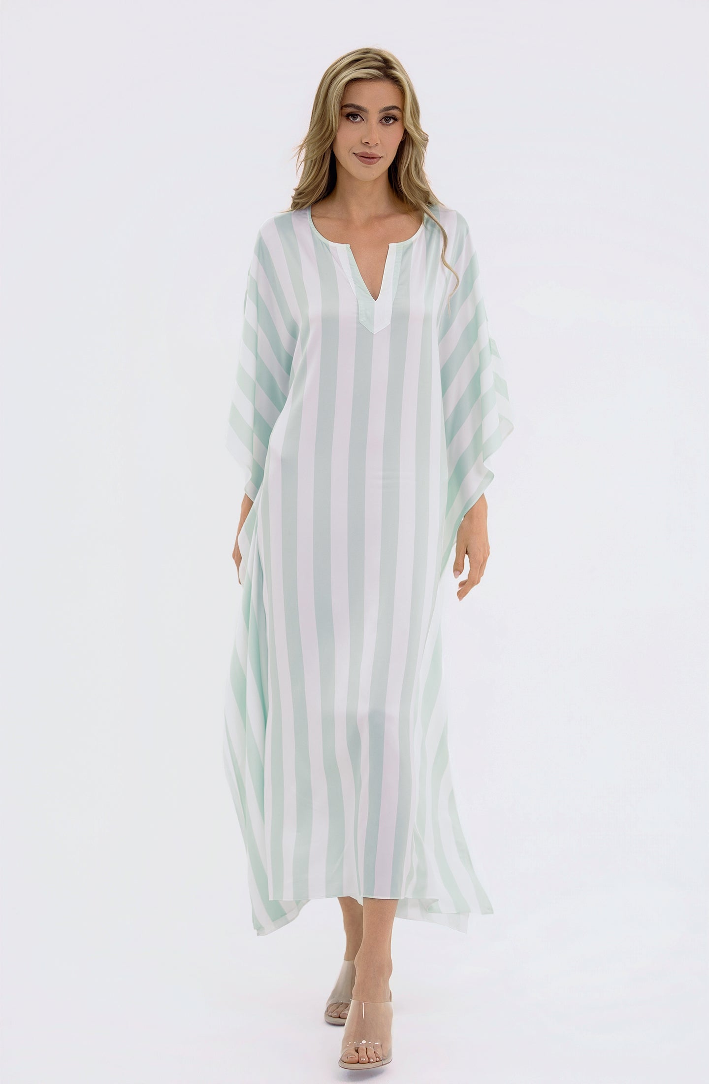 Cabana Mint Long Caftan | Luxury Striped Resort Caftan