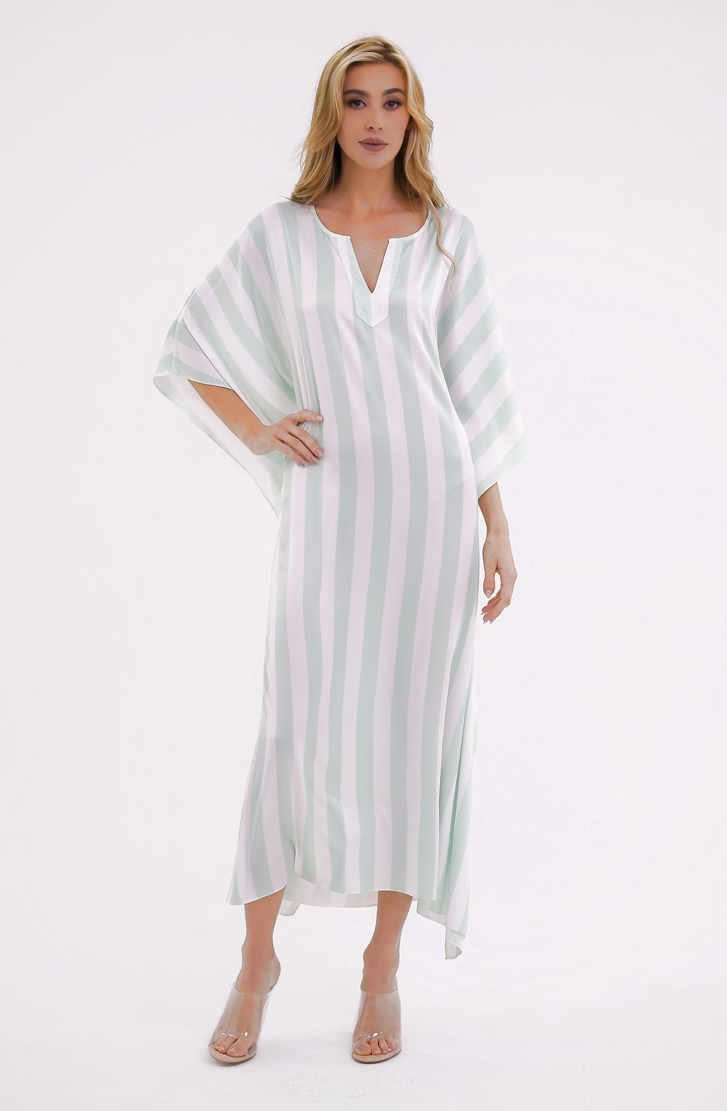 Cabana Mint Long Caftan | Luxury Striped Resort Caftan