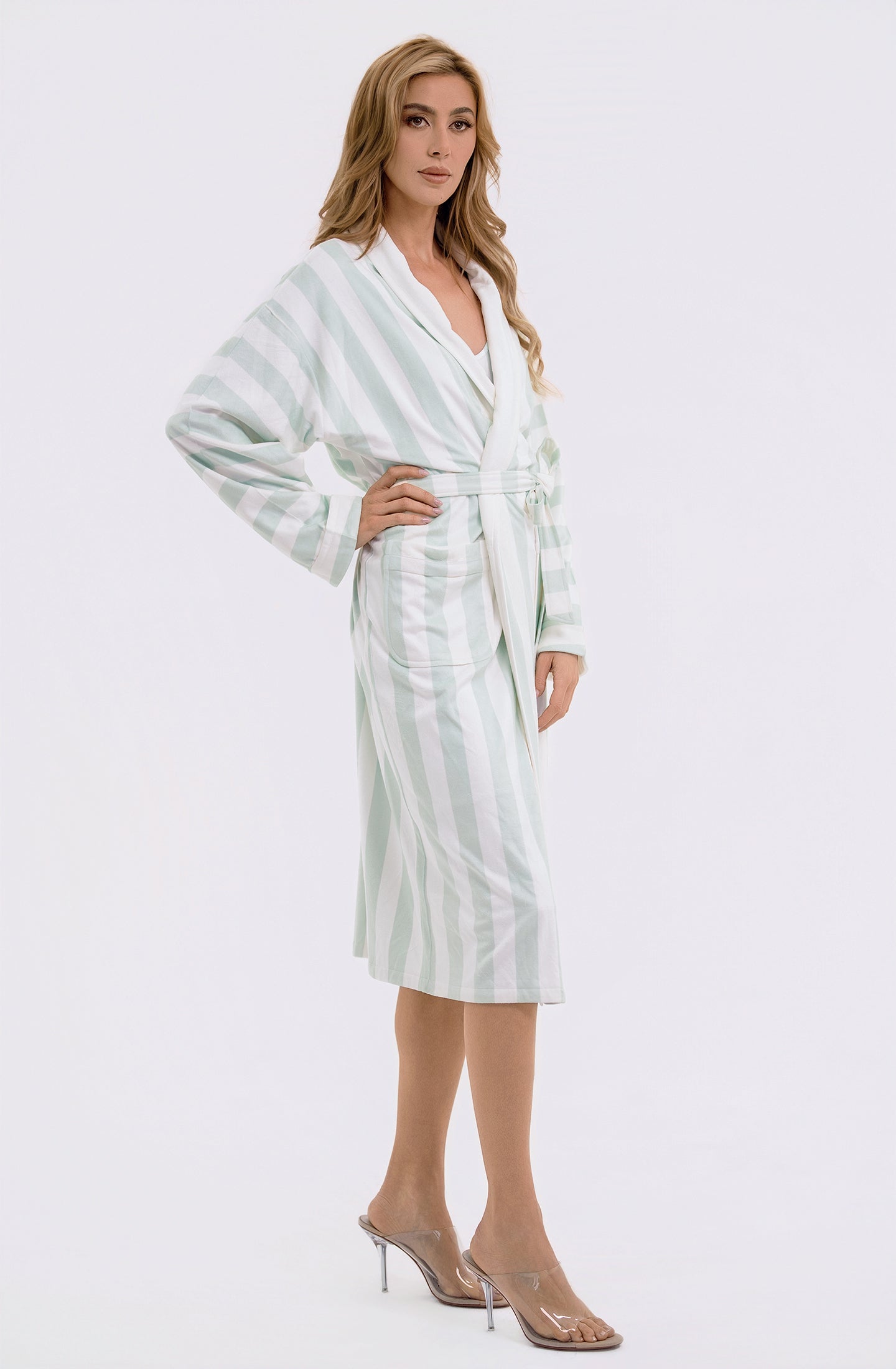 Cabana Mint Long Robe | Luxury Striped Resort Robe