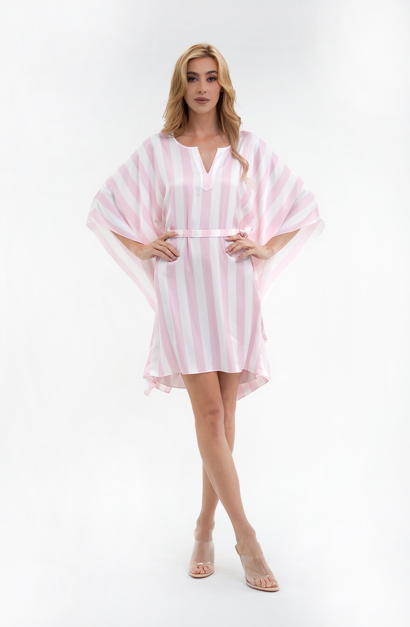 Cabana Pink Short Caftan | Luxury Striped Resort Caftan