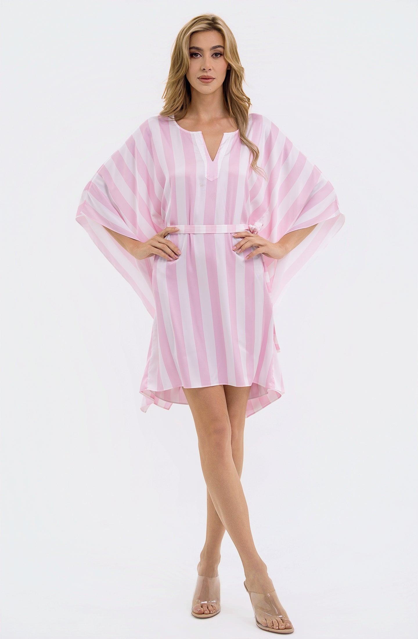 Cabana Pink Short Caftan | Luxury Striped Resort Caftan