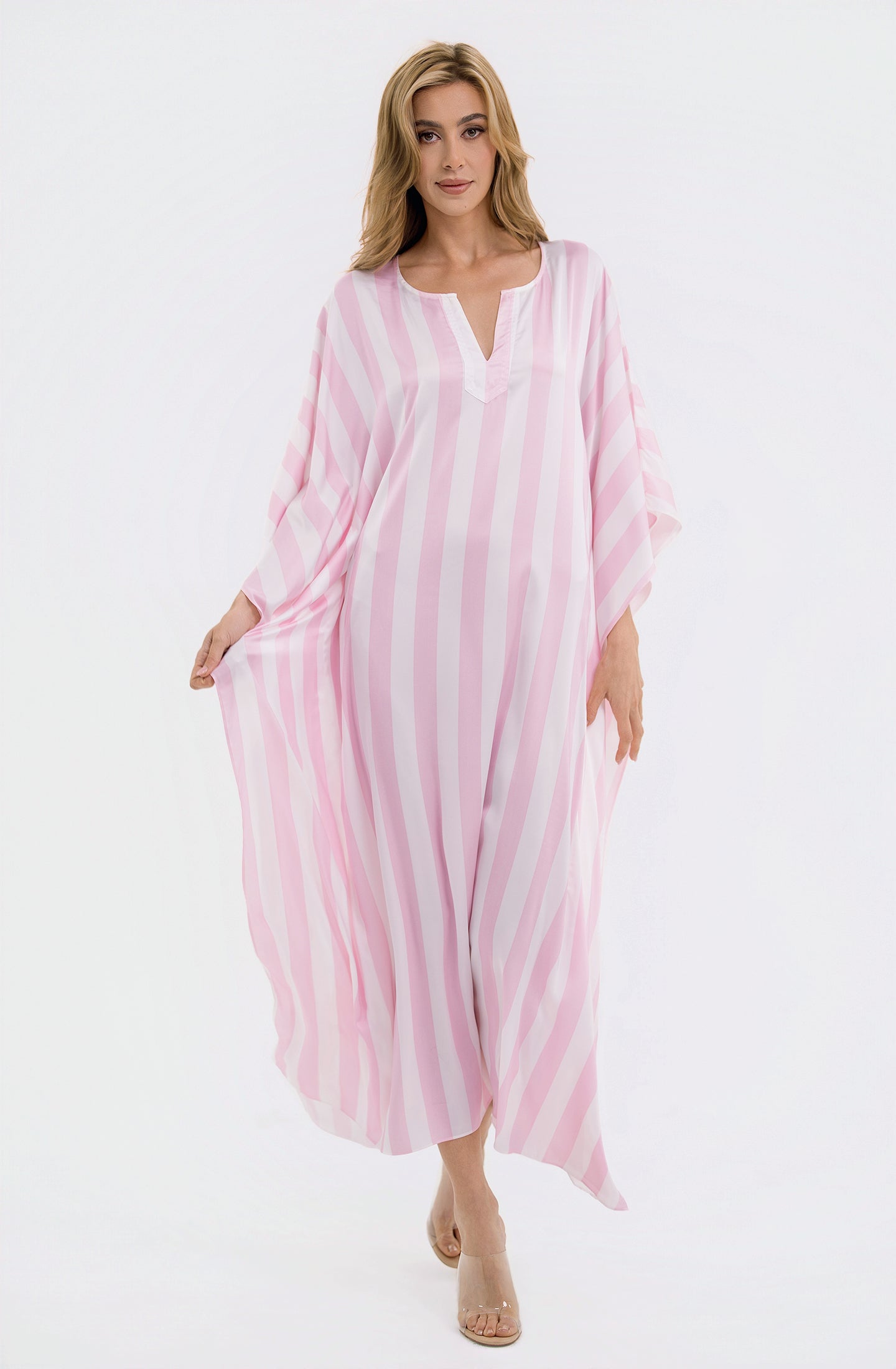 Cabana Pink Long Caftan | Luxury Striped Resort Caftan