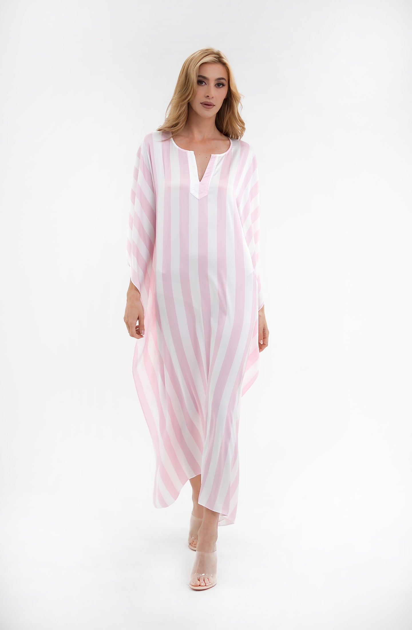 Cabana Pink Long Caftan | Luxury Striped Resort Caftan