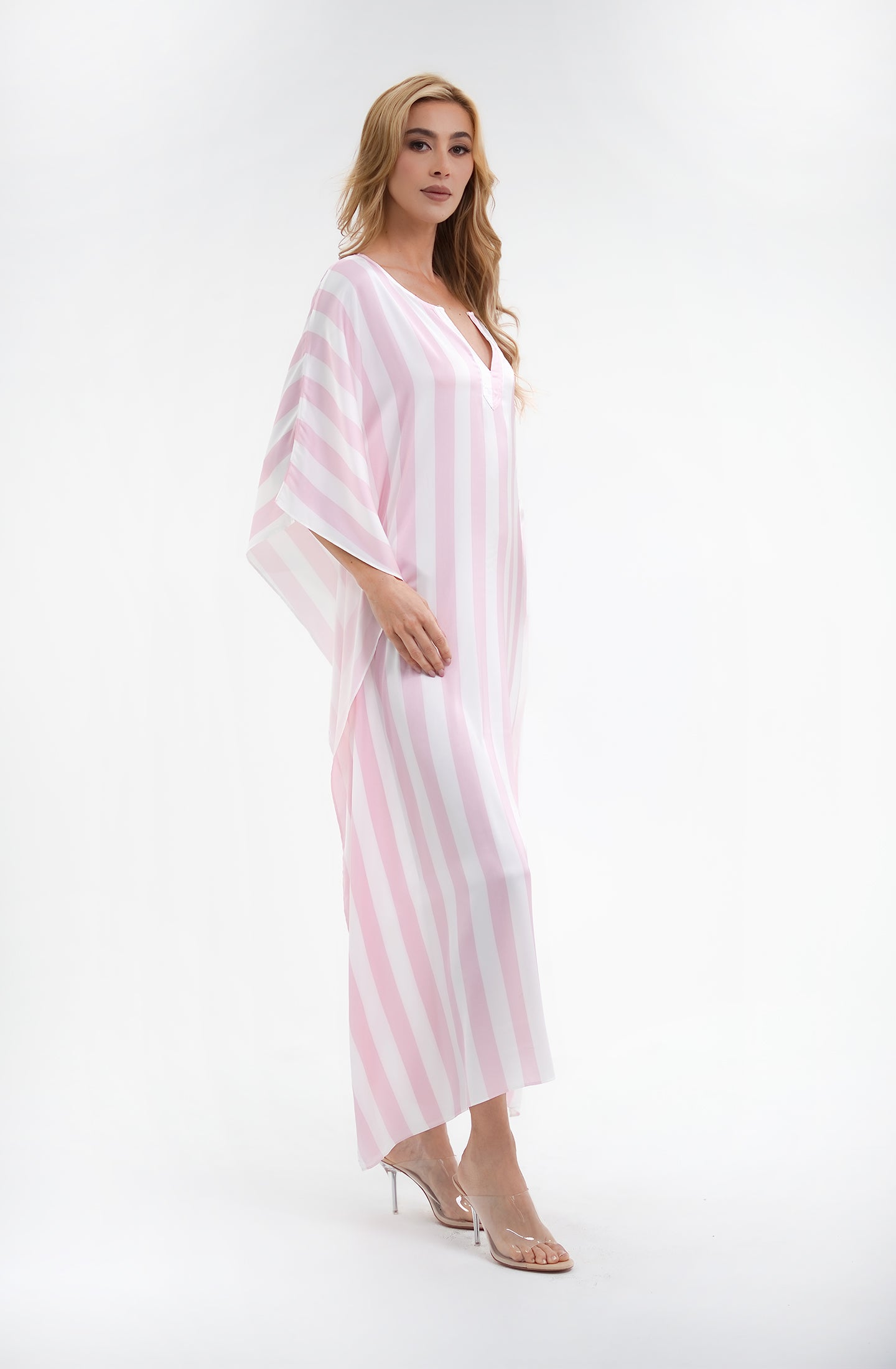 Cabana Pink Long Caftan | Luxury Striped Resort Caftan