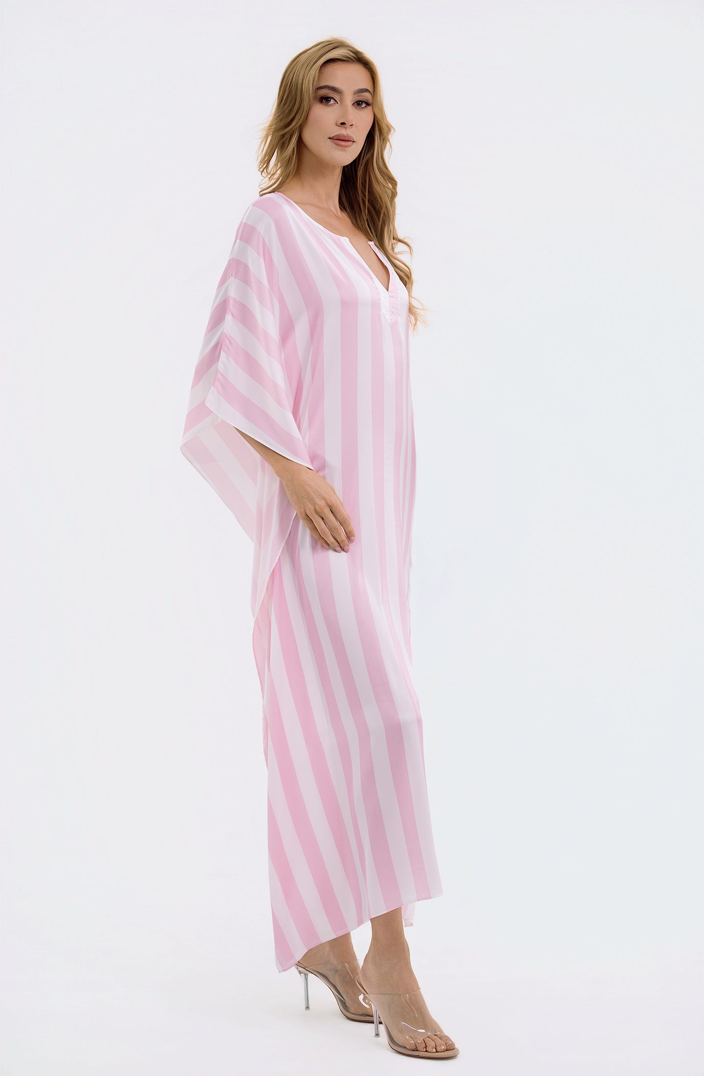 Cabana Pink Long Caftan | Luxury Striped Resort Caftan