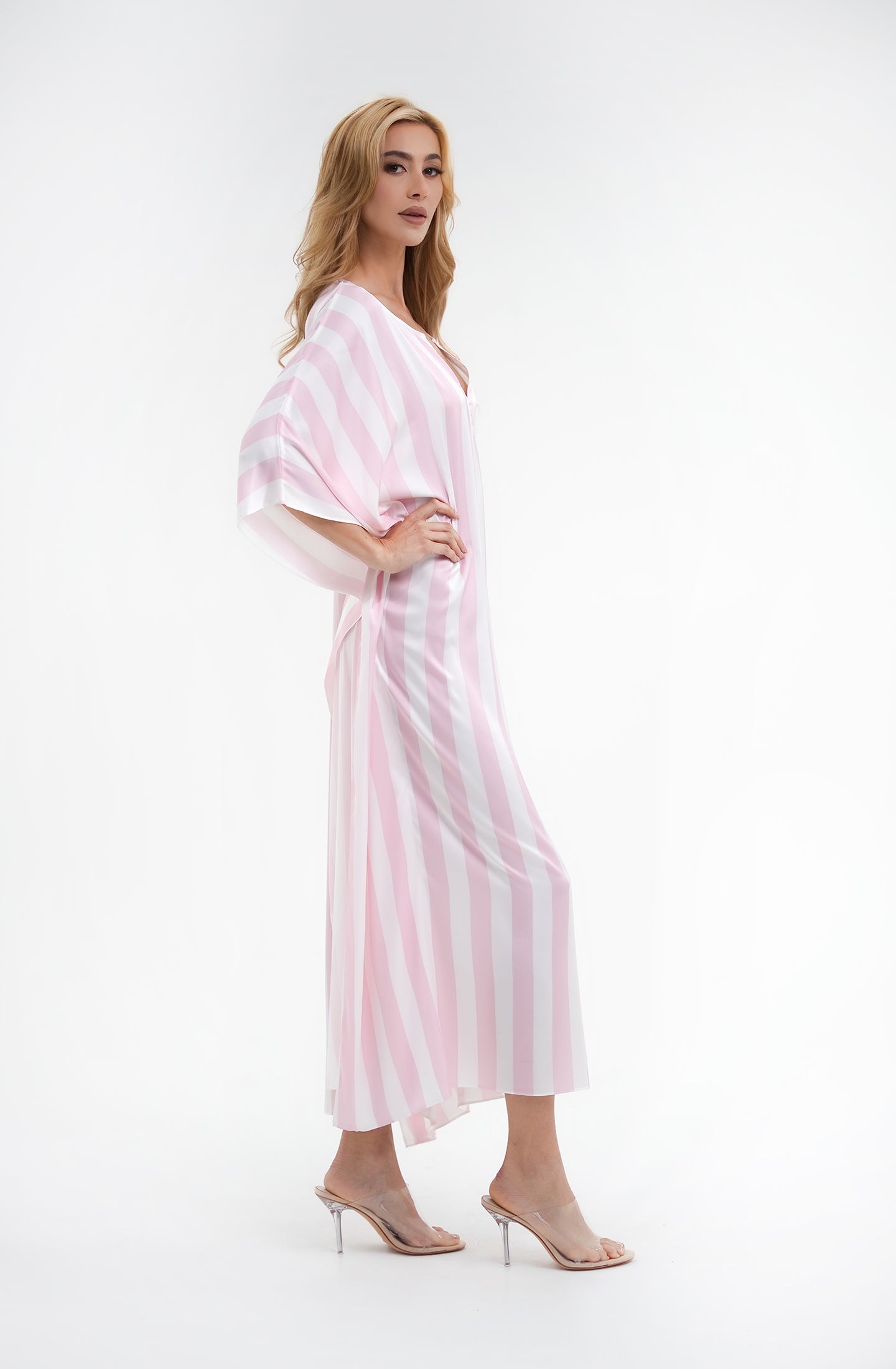 Cabana Pink Long Caftan | Luxury Striped Resort Caftan