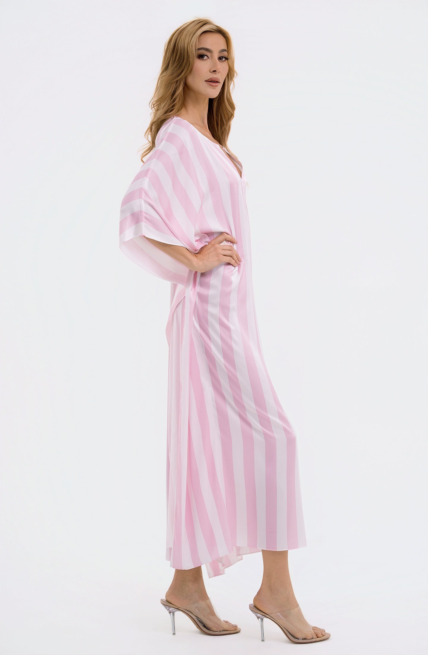 Cabana Pink Long Caftan | Luxury Striped Resort Caftan