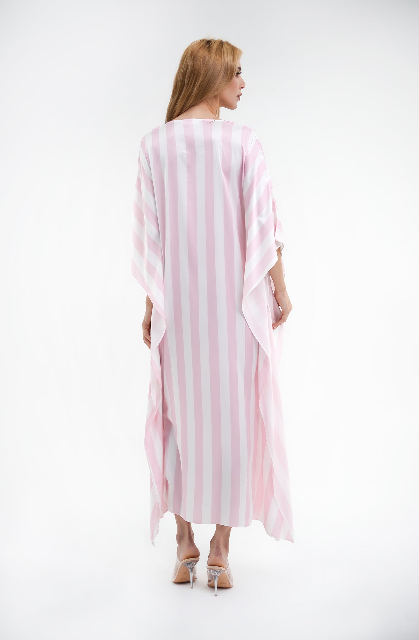 Cabana Pink Long Caftan | Luxury Striped Resort Caftan