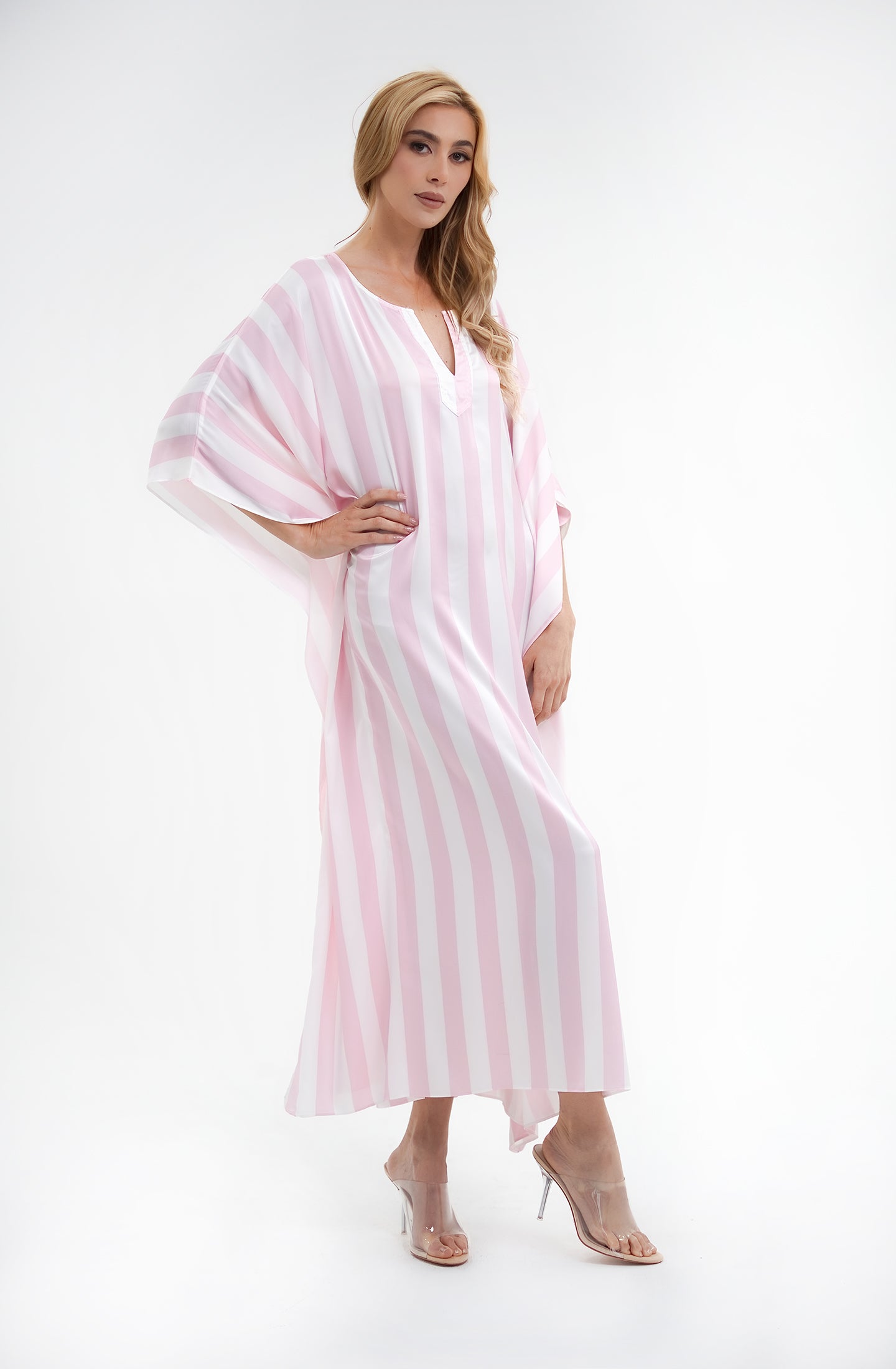 Cabana Pink Long Caftan | Luxury Striped Resort Caftan