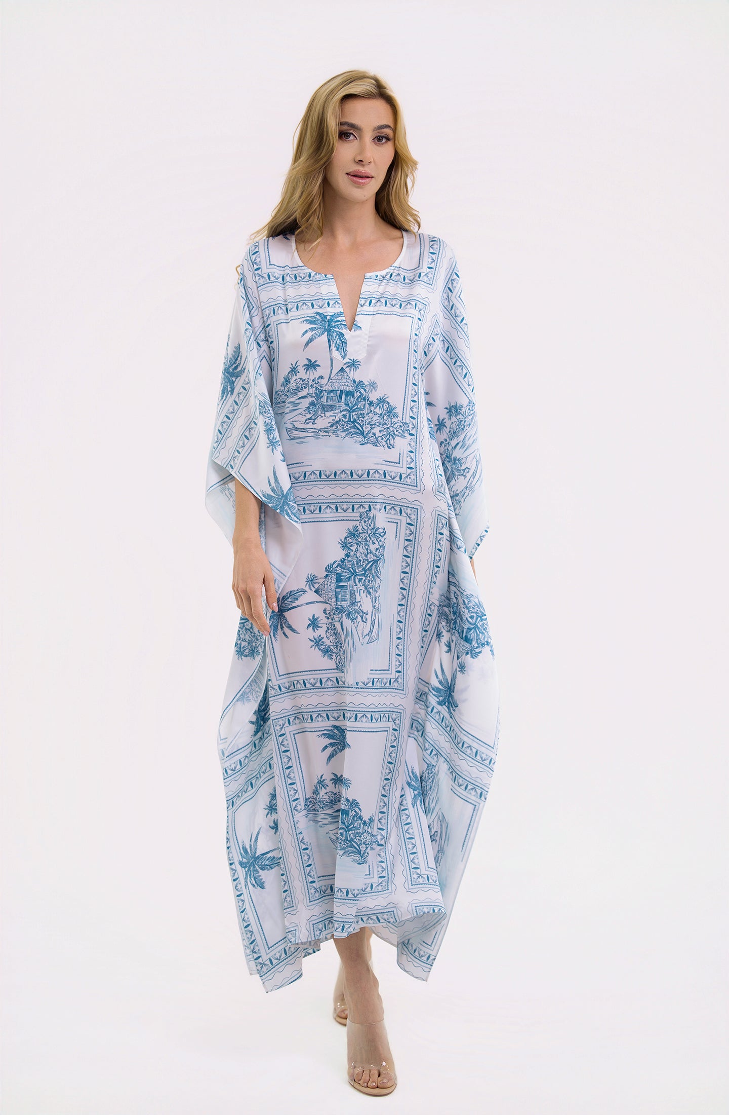Bungalow Blue Long Caftan | Luxury Tropical Toile Resort Caftan