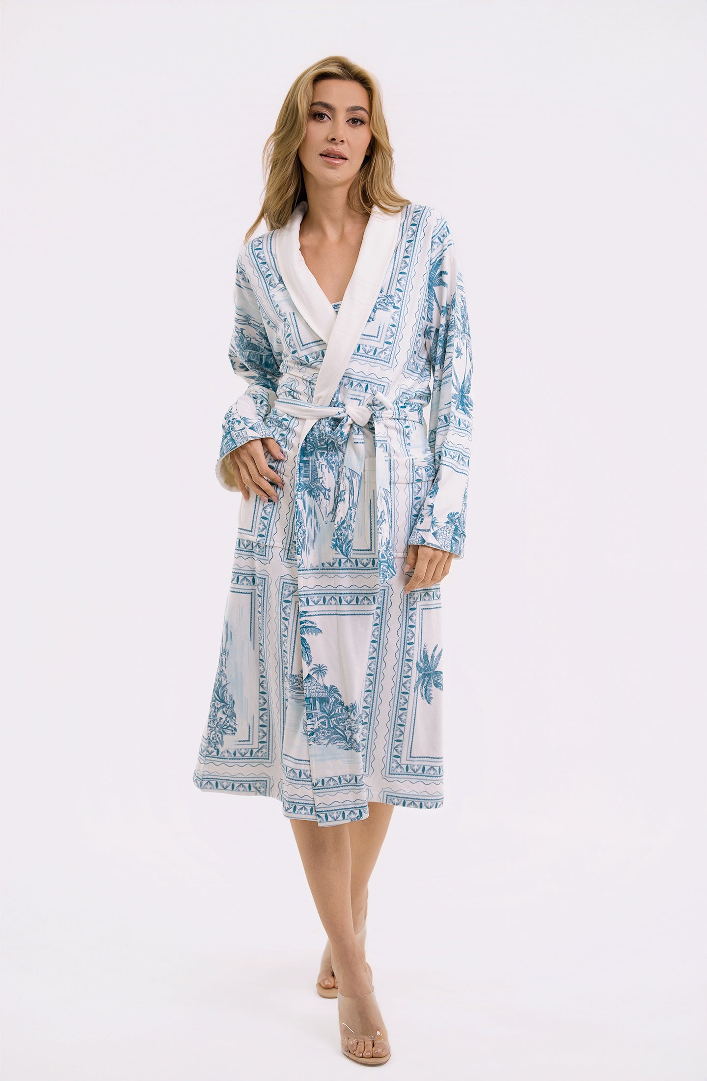 Bungalow Blue Long Robe | Luxury Blue Toile Spa Robe