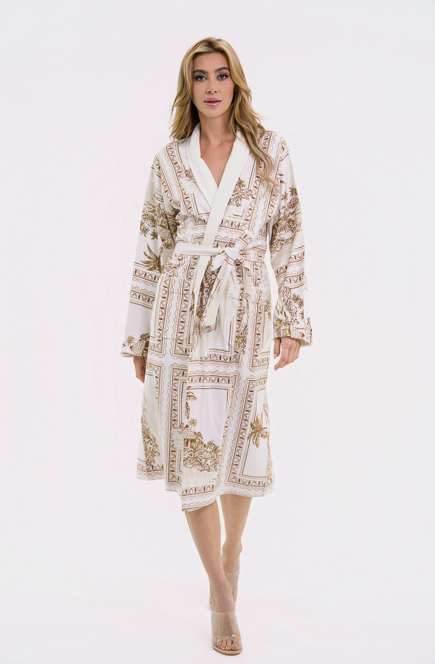 Bungalow Golden Brown Long Robe | Luxury Tropical Toile Resort Robe