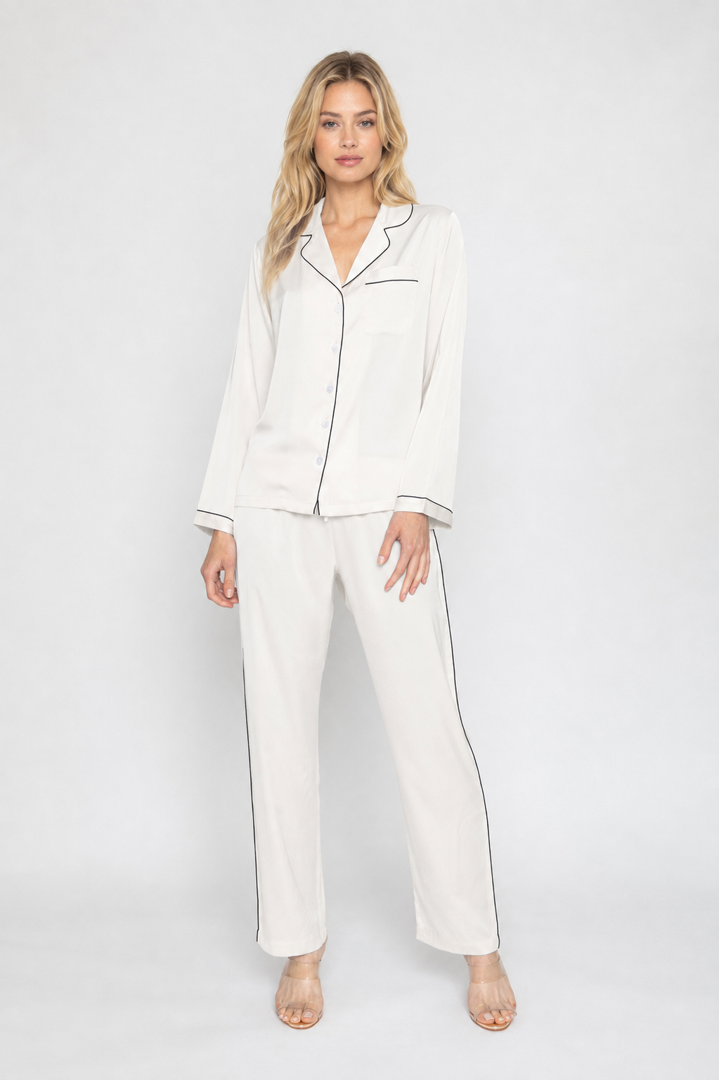 Pearl Long Pajamas with White Piping | Wrap Up by VP